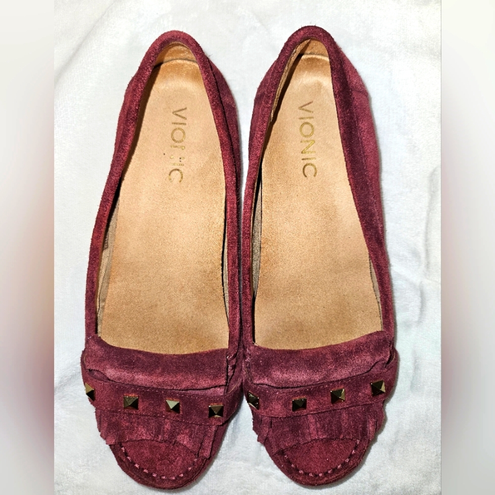Vionic Women's Orthaheel Thera Burgundy Wine Suede Flat Loafers Shoes Size 7.5